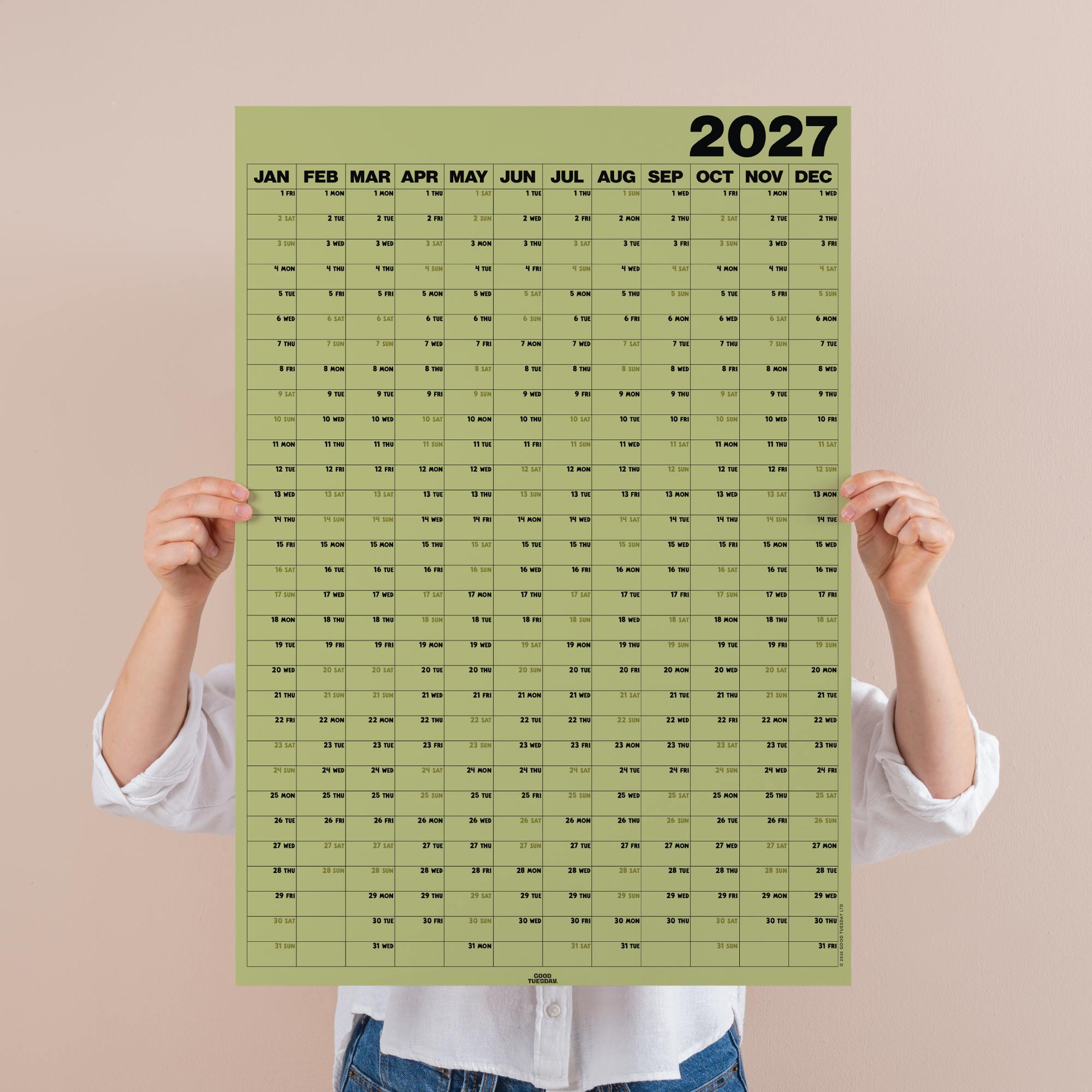 Large A1 Matcha 2027 Wall Calendar. B Corp. Portrait.