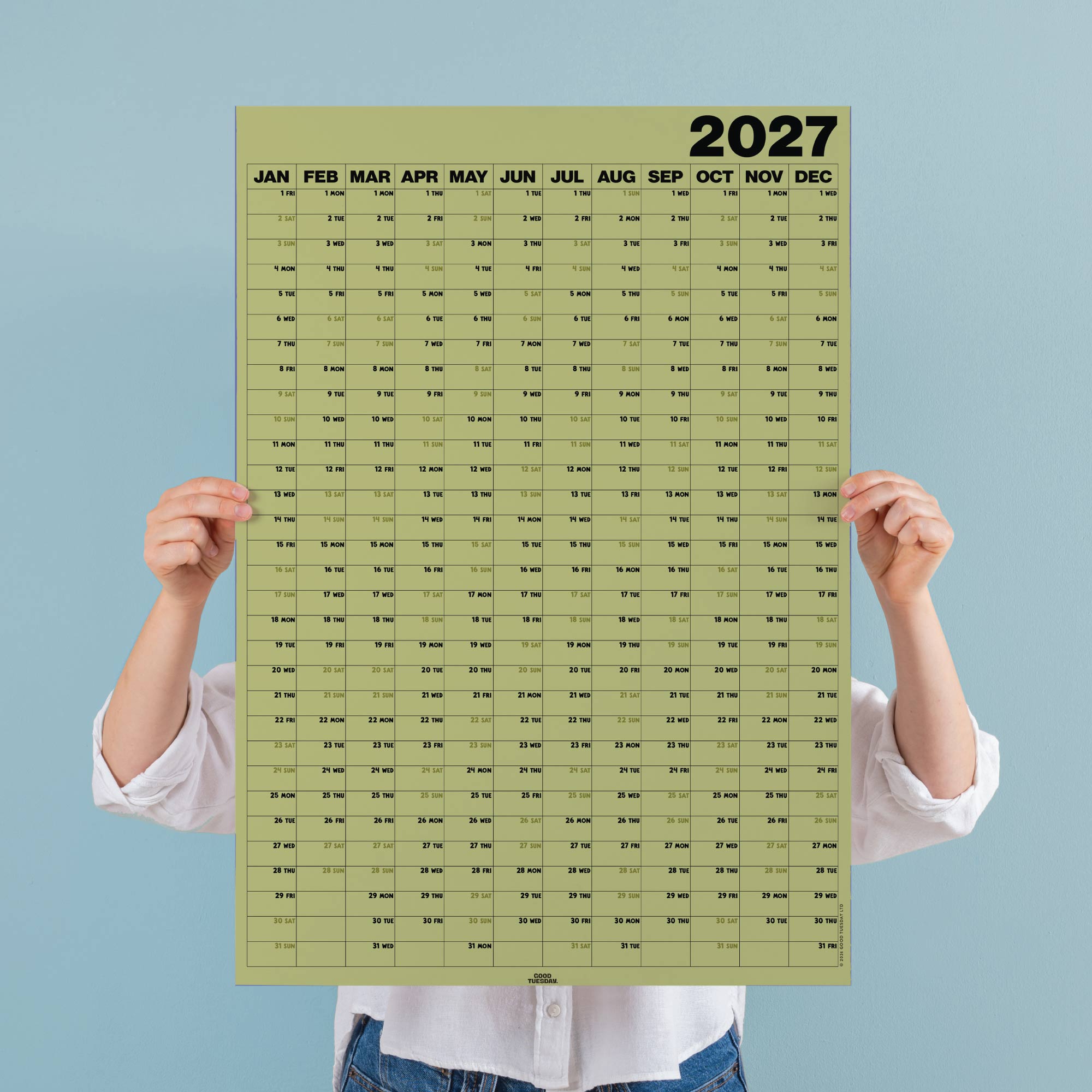 Large A1 Matcha 2027 Wall Calendar. B Corp. Portrait.