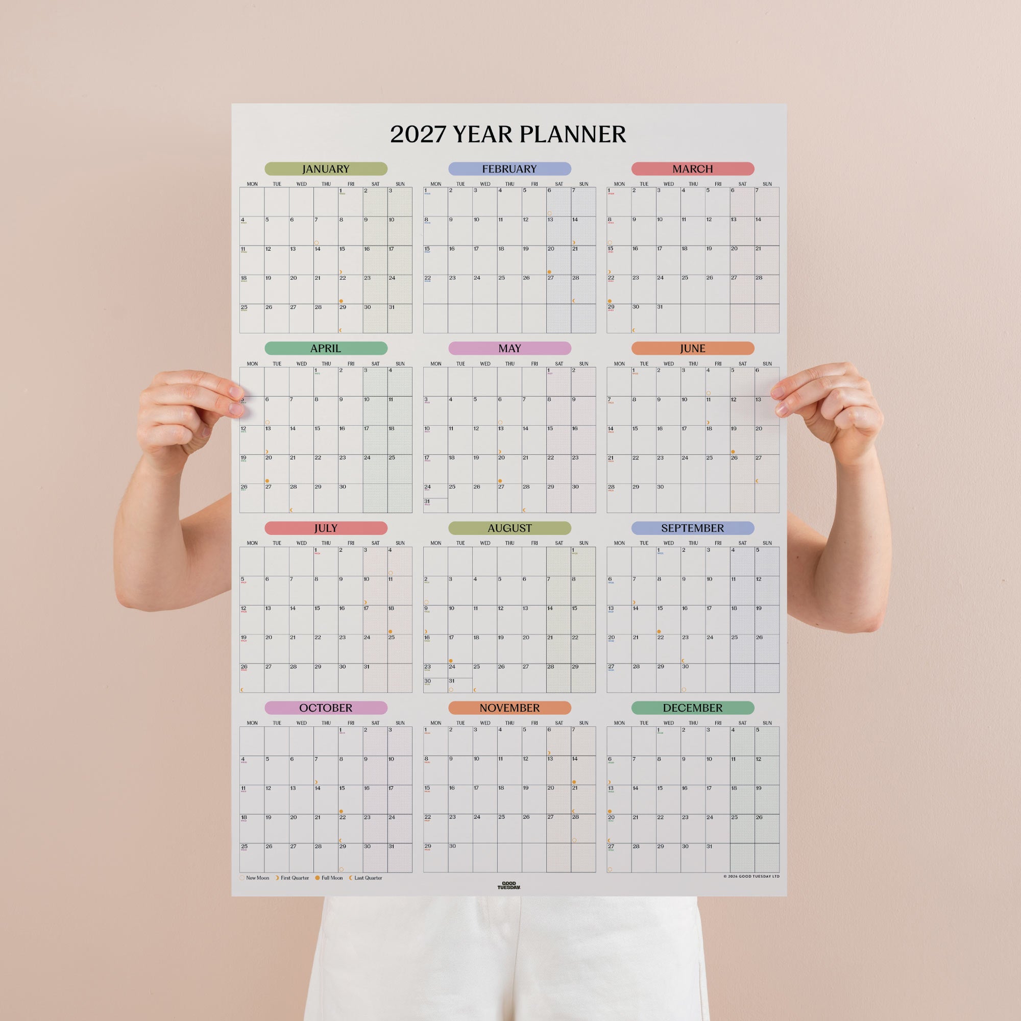 Large A1 Pastel Monthly Grid 2027 Wall Calendar. B Corp. Portrait.