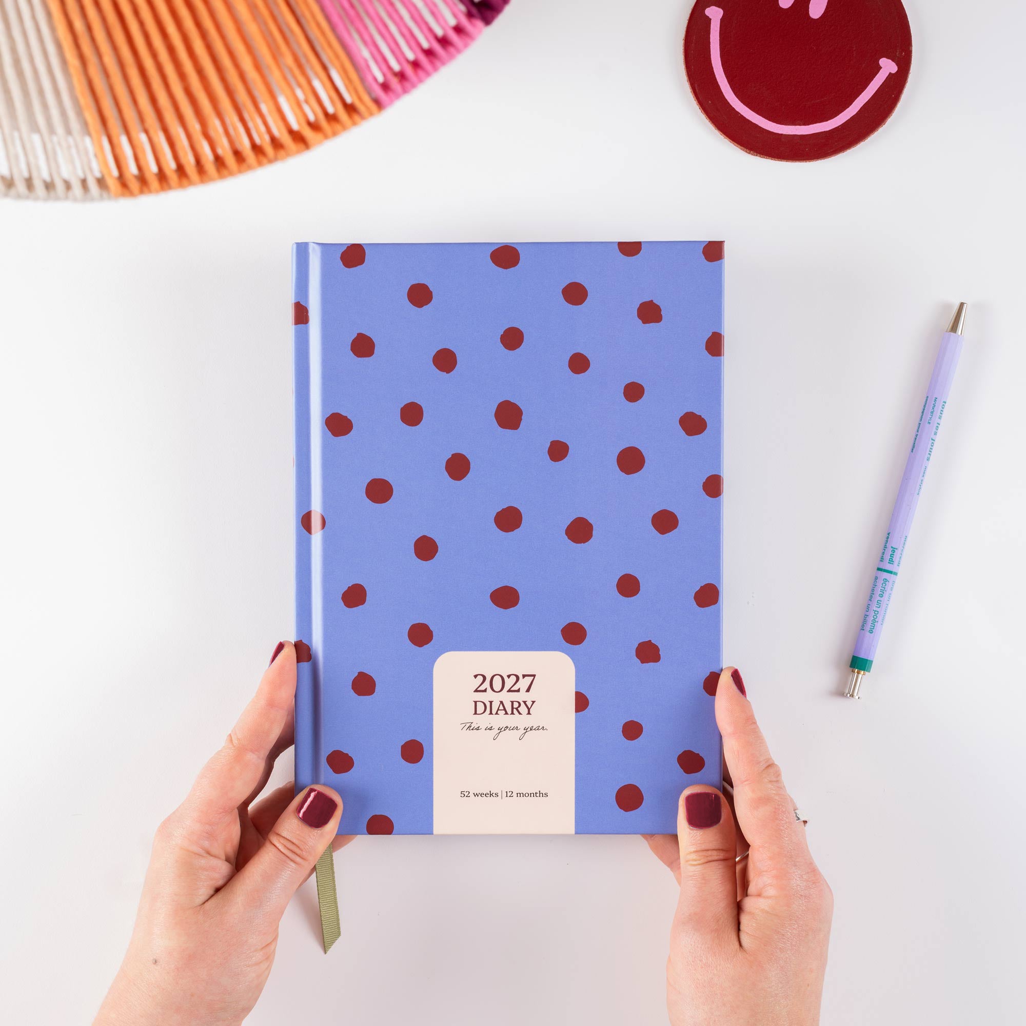 2027 Purple Polka A5 Diary, polka dot hardcover, lay flat binding