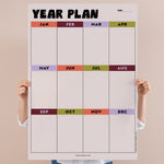 Person holding a large calendar poster titled 'Year Plan' with colorful months on a beige background.