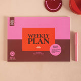 Colourful weekly plan pad with cover, pink and brown design. BCorp. 