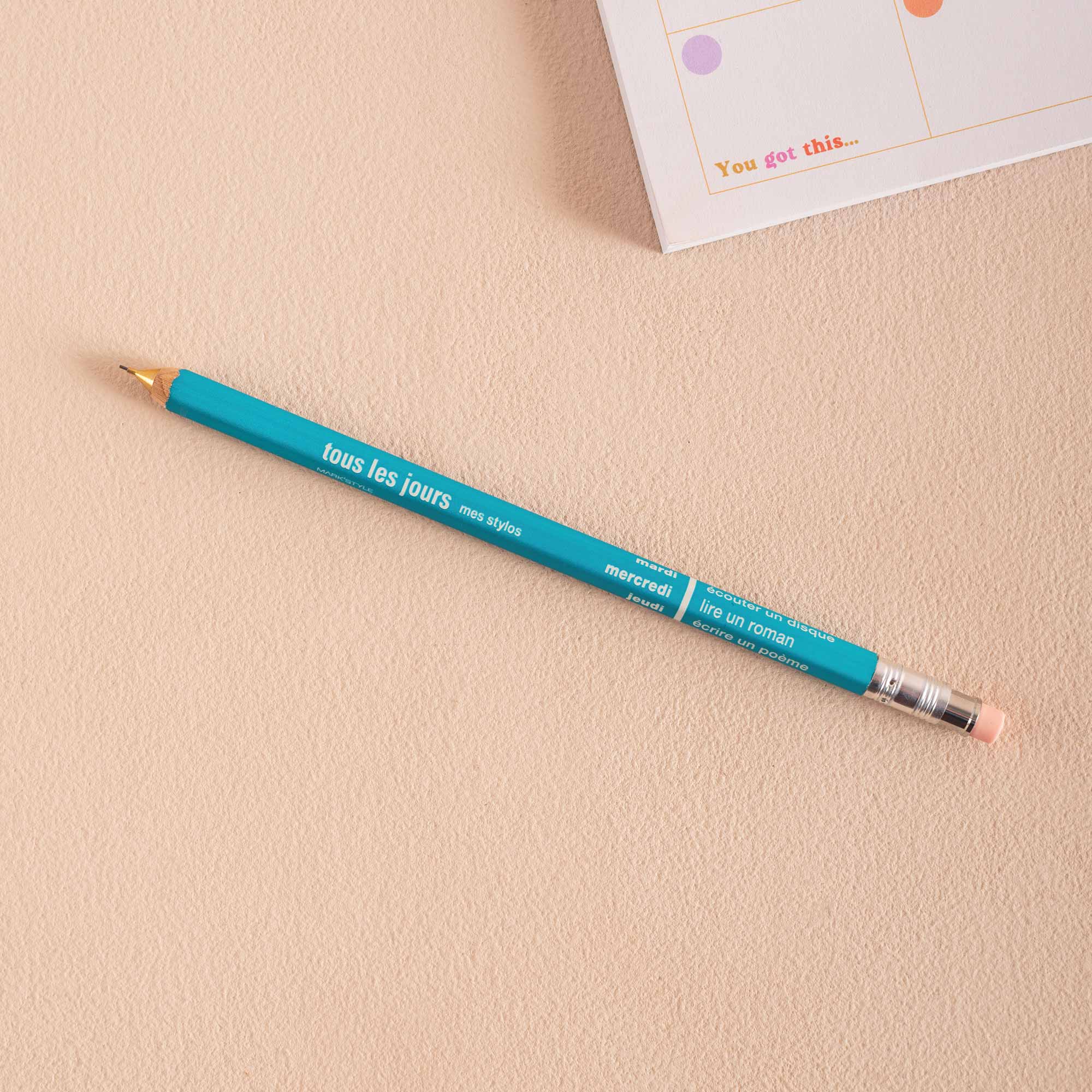 Mechanical pencil in turquoise, tous les jours french days of the week