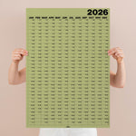 Matcha green 2026 wall planner, portrait, weekends in different font. Year to view. 