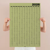 Matcha green 2026 wall planner, portrait, weekends in different font. Year to view. 