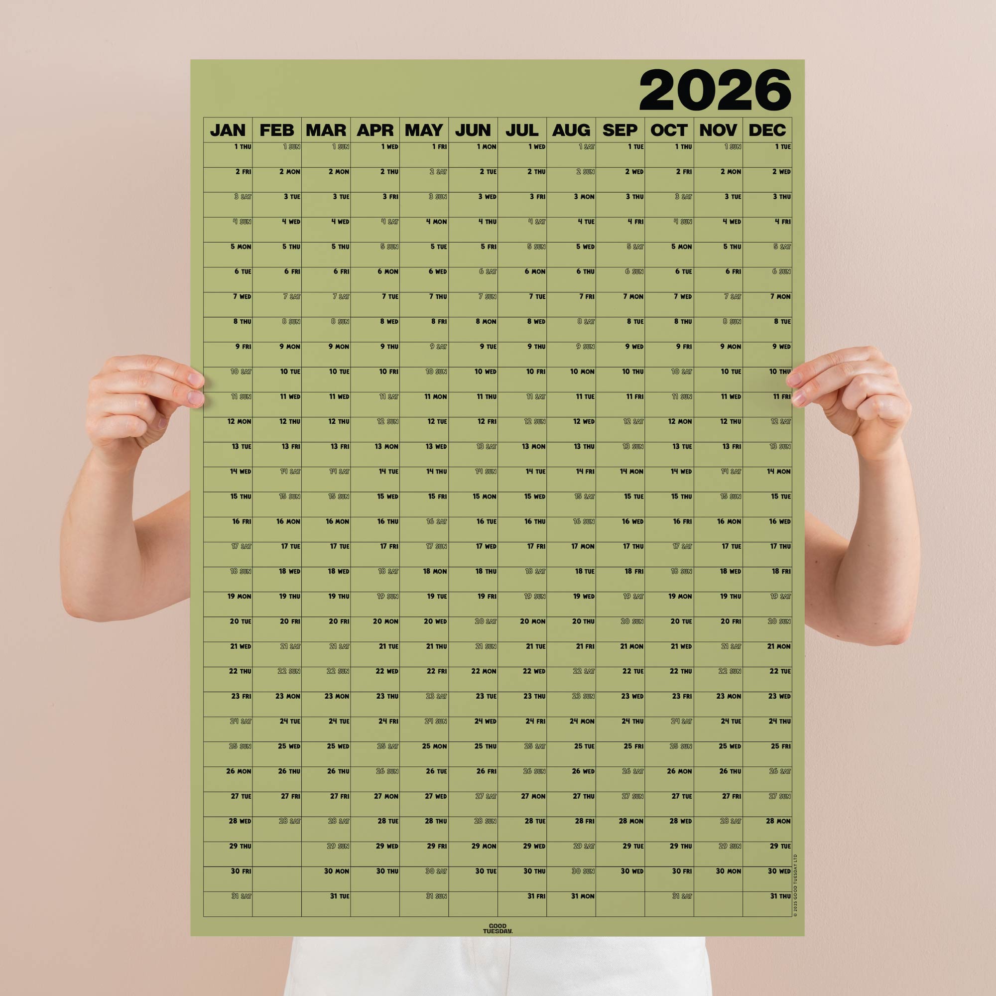 Matcha green 2026 wall planner, portrait, weekends in different font. Year to view. 