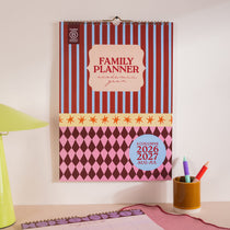 2026–2027 A3 family wall planner in boho circus design hanging on wall