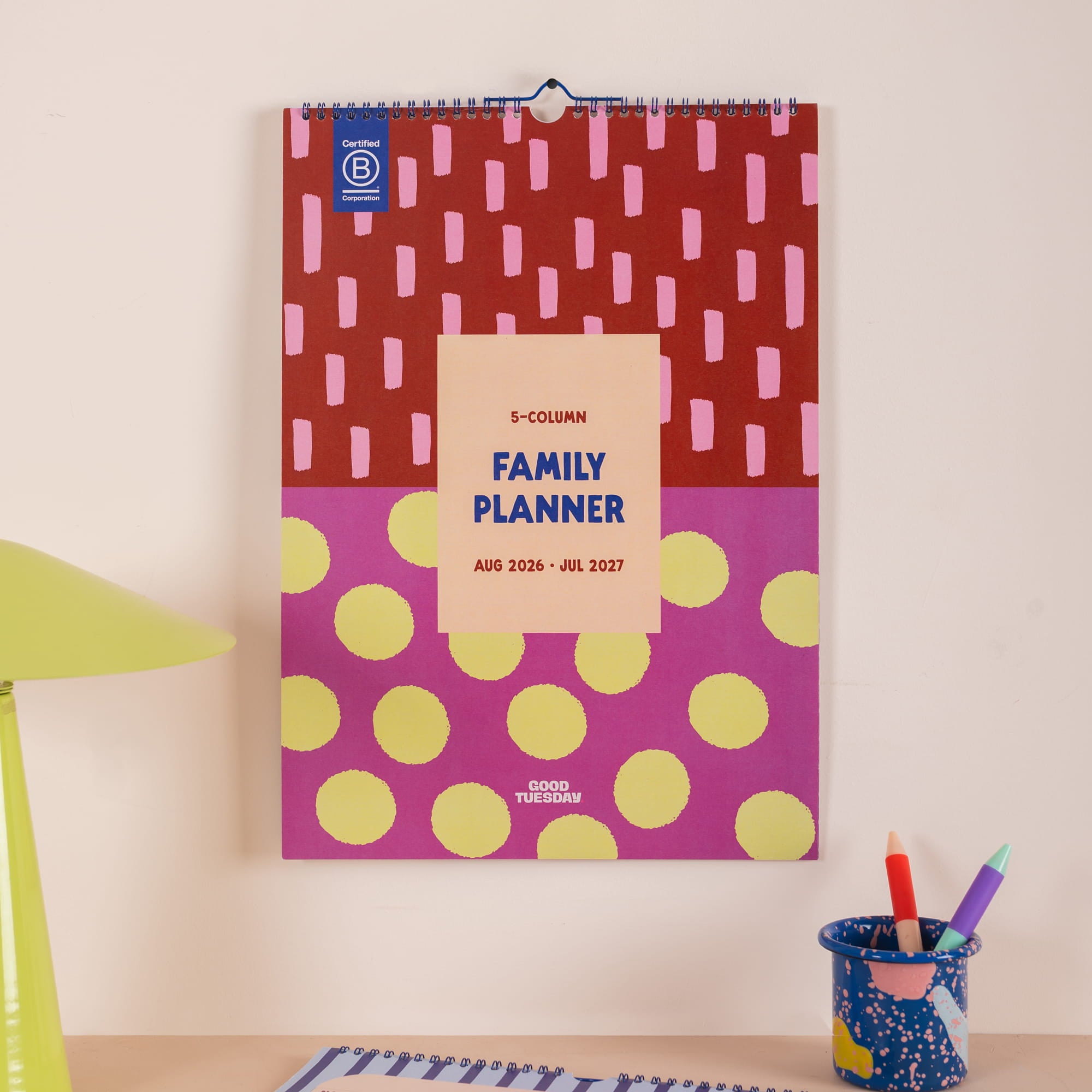 2026–2027 A3 family wall planner in bold block design hanging on wall