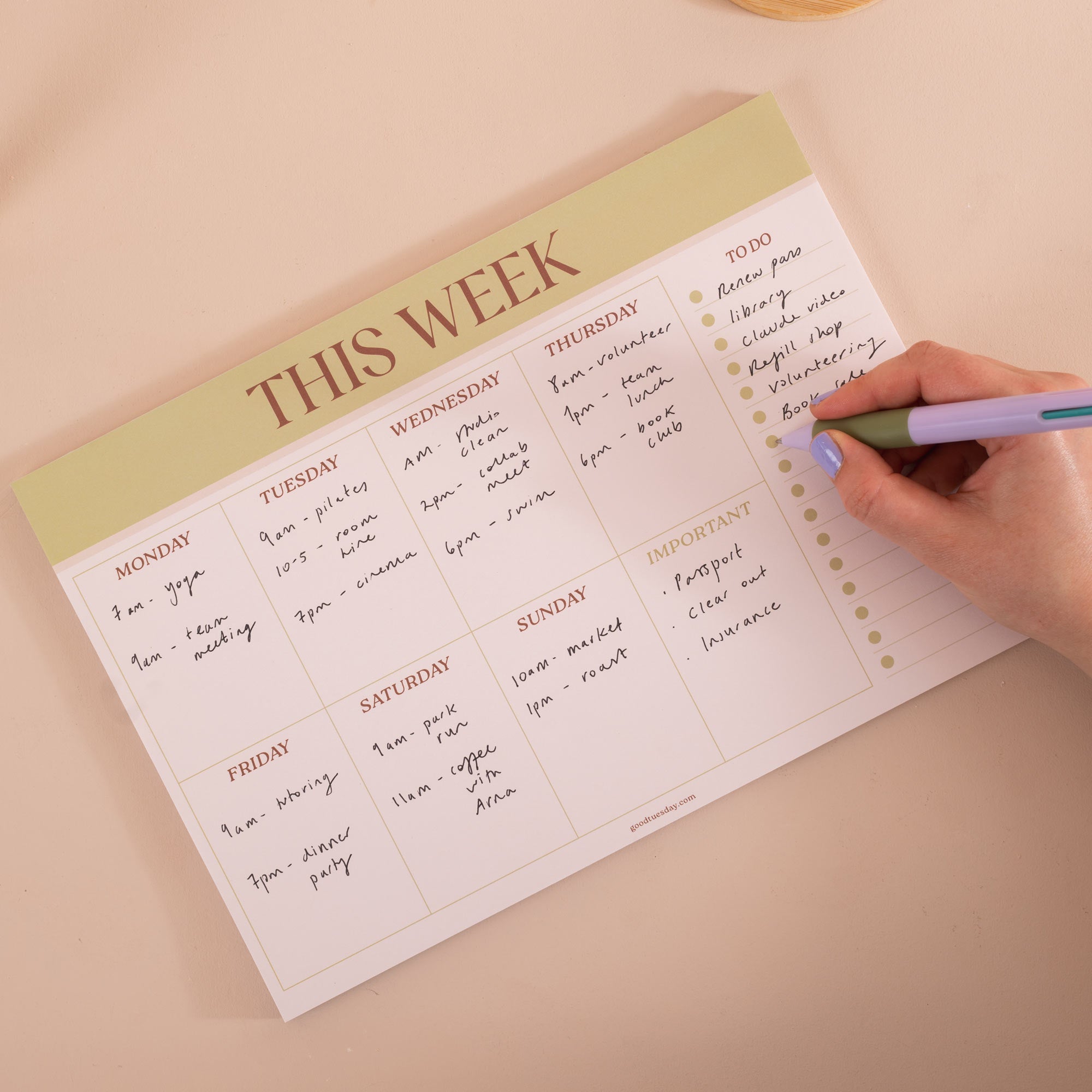A4 Matcha Weekly Planner Pad by Good Tuesday, earthy matcha green weekly planner pad