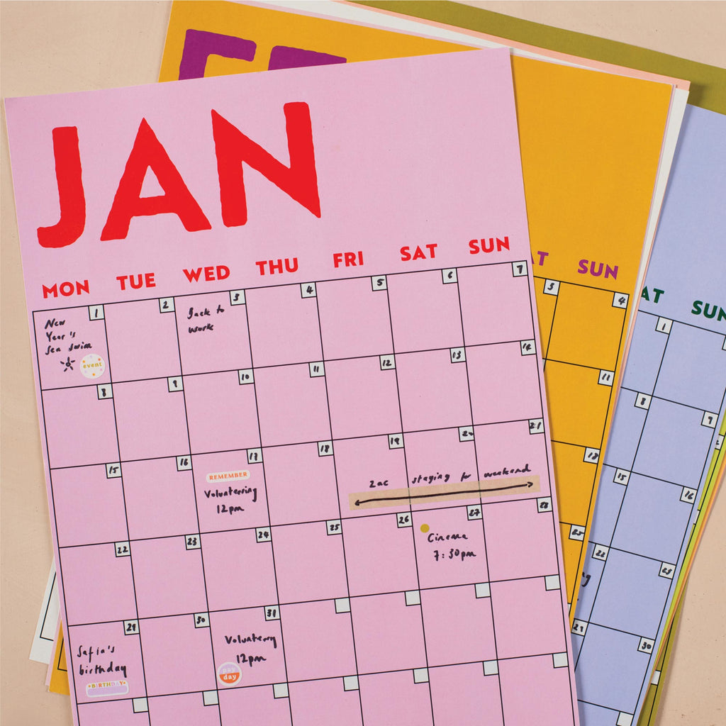 brightly colour wall planner, 12 A3 pages hung together or separate, printed on 100% recycled paper in the UK