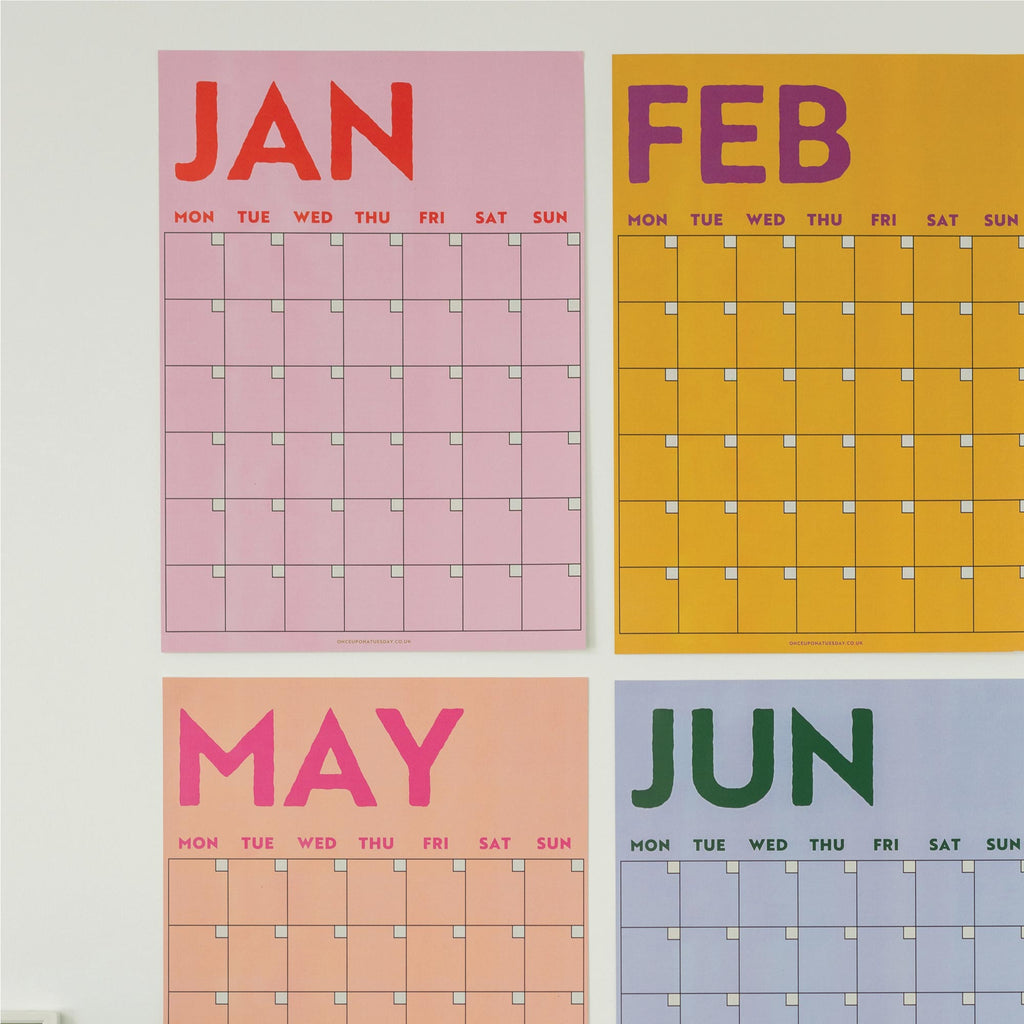 brightly colour wall planner, 12 A3 pages hung together or separate, printed on 100% recycled paper in the UK