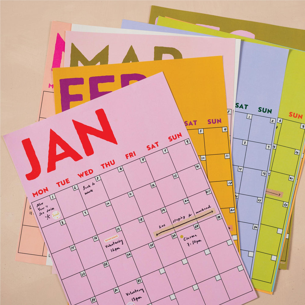 brightly colour wall planner, 12 A3 pages hung together or separate, printed on 100% recycled paper in the UK