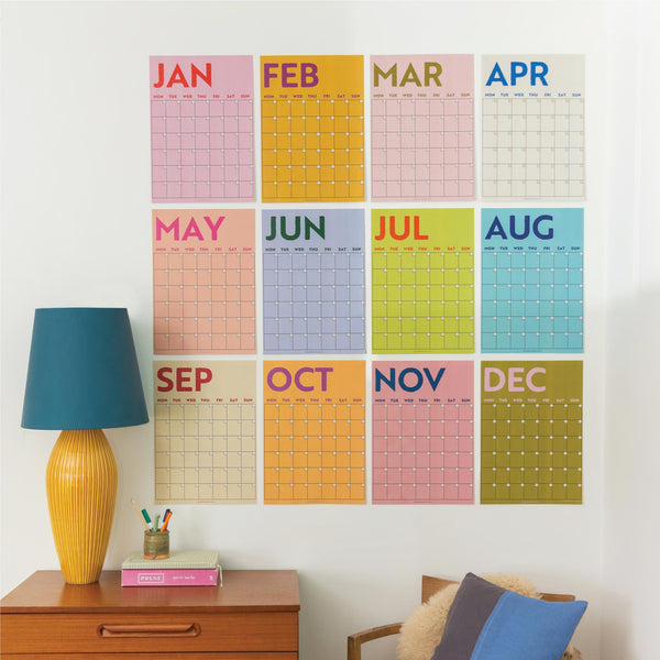 brightly colour wall planner, 12 A3 pages hung together or separate, printed on 100% recycled paper in the UK