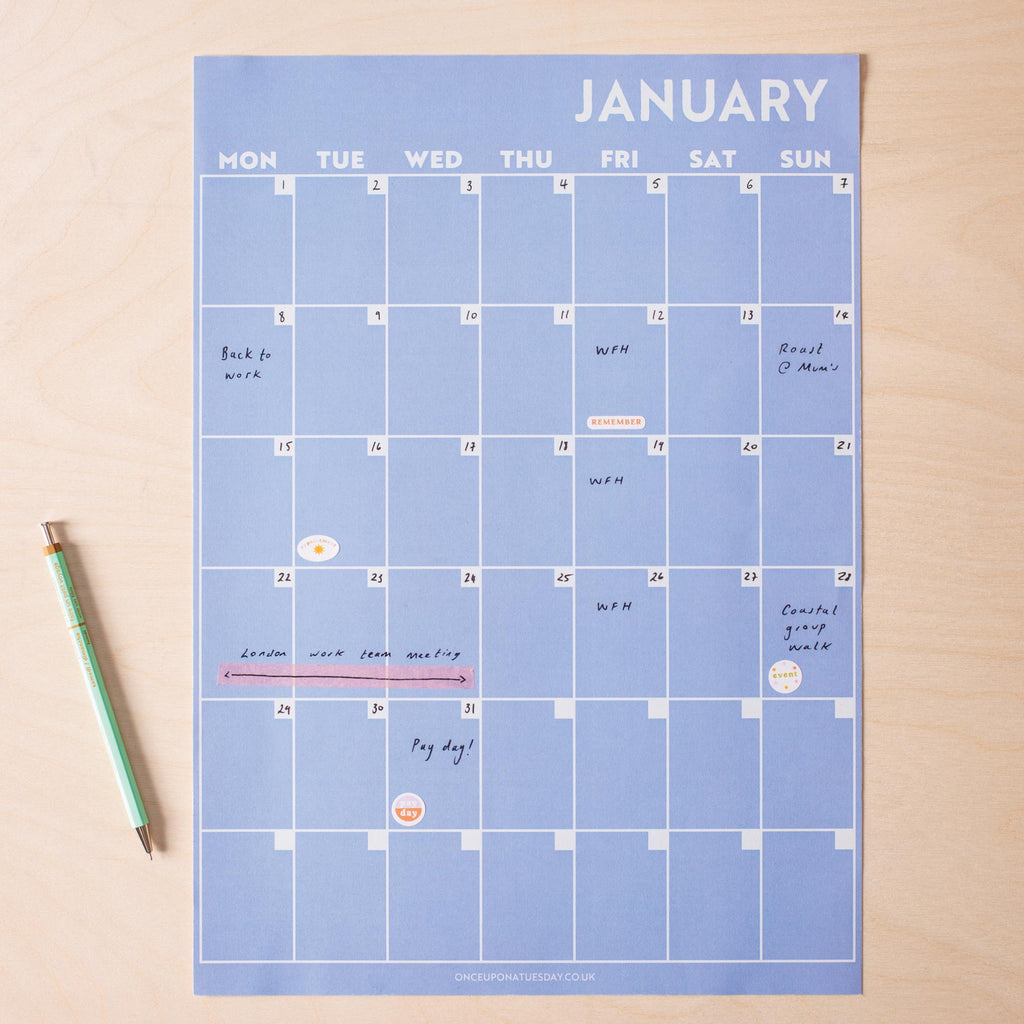 a peachy hues wall planner, 12 A3 pages hung together or separate, printed on 100% recycled paper in the UK