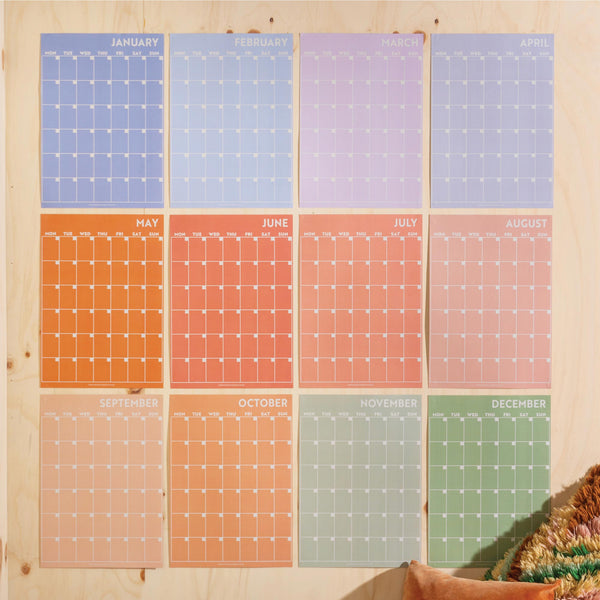 a peachy hues wall planner, 12 A3 pages hung together or separate, printed on 100% recycled paper in the UK