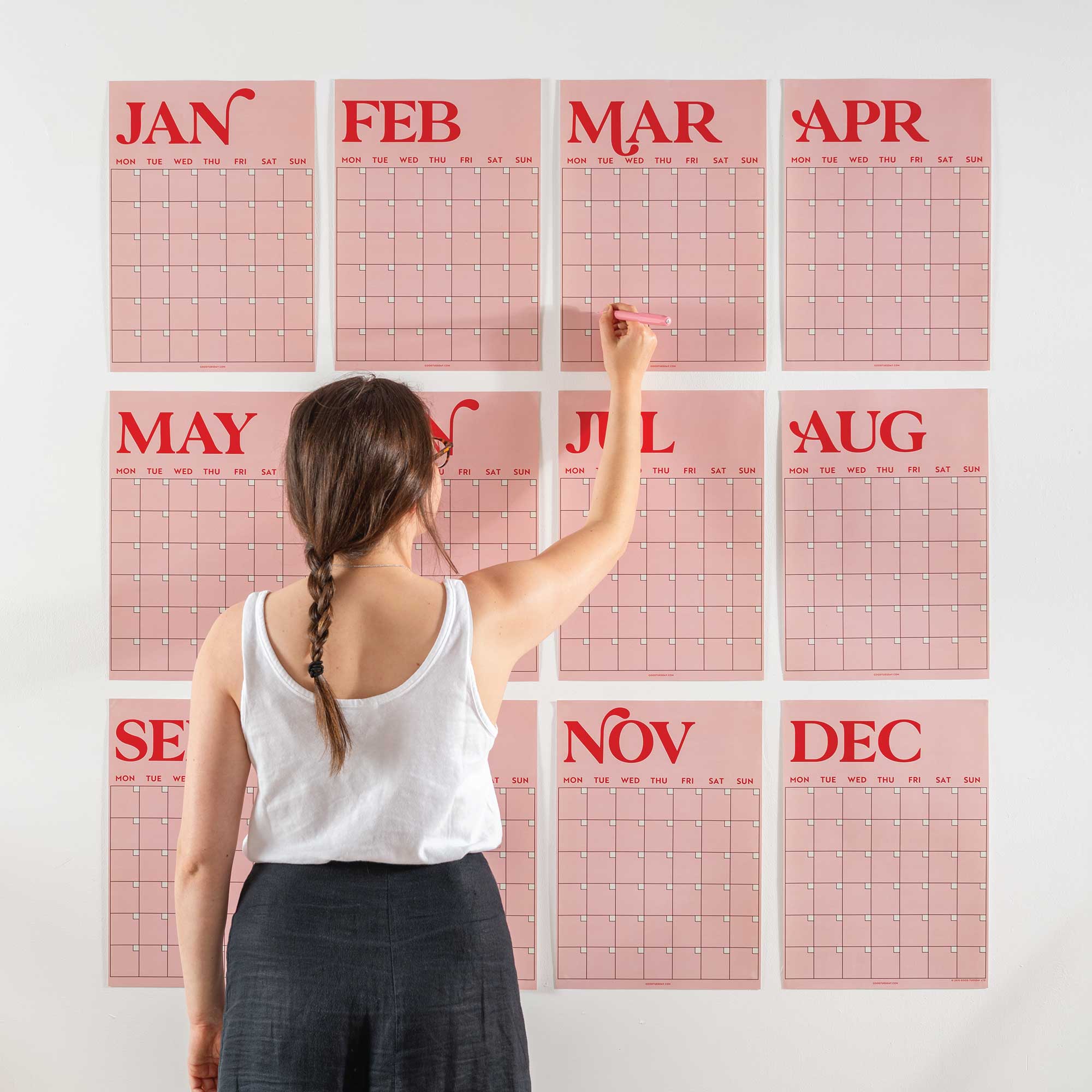 Large Monthly Undated A3 Wall Planner – 12 pink and red monthly pages