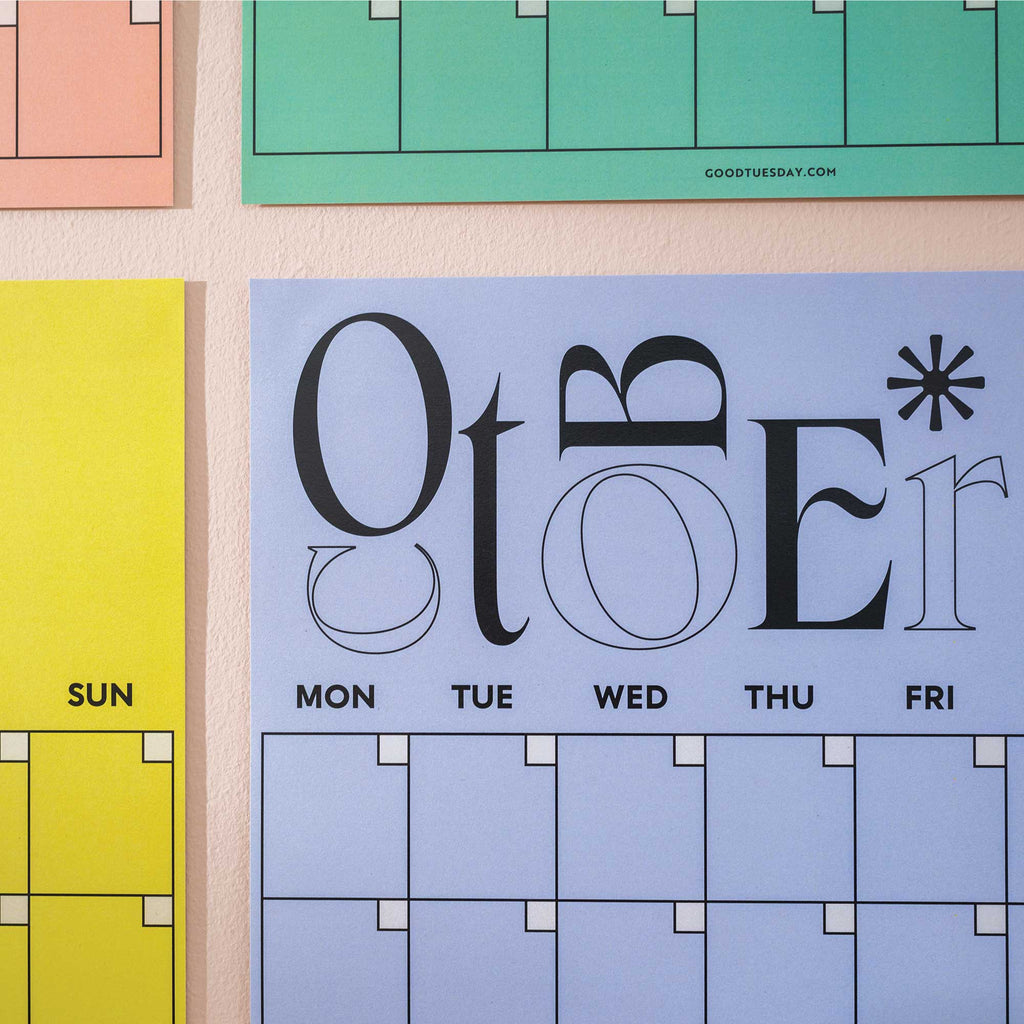 12 page yearly planner. undated. bold colours. playful typeface. A3 planner. made in the UK. 100% recycled paper.