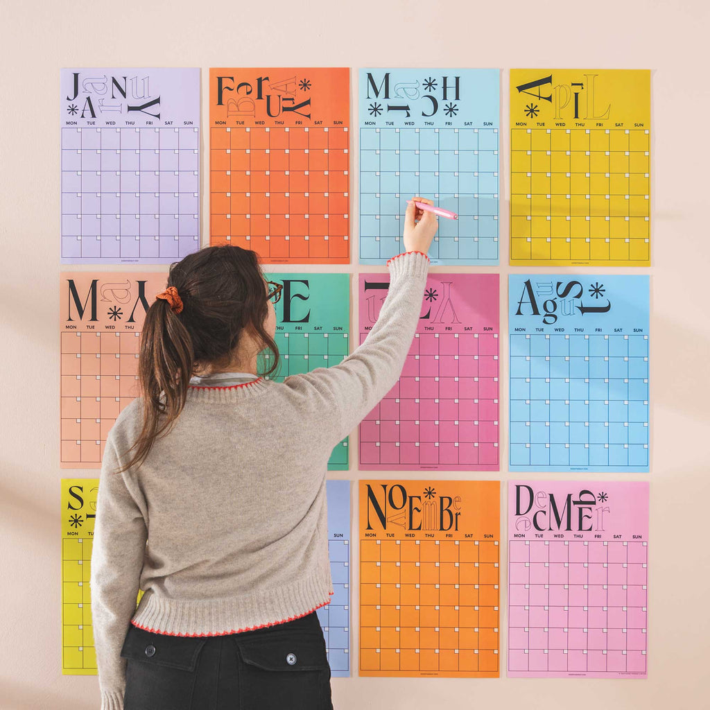 12 page yearly planner. undated. bold colours. playful typeface. A3 planner. made in the UK. 100% recycled paper.