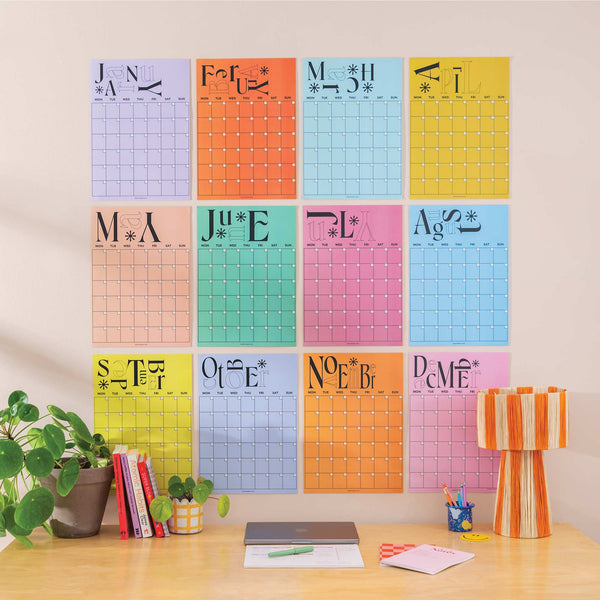 12 page yearly planner. undated. bold colours. playful typeface. A3 planner. made in the UK. 100% recycled paper.