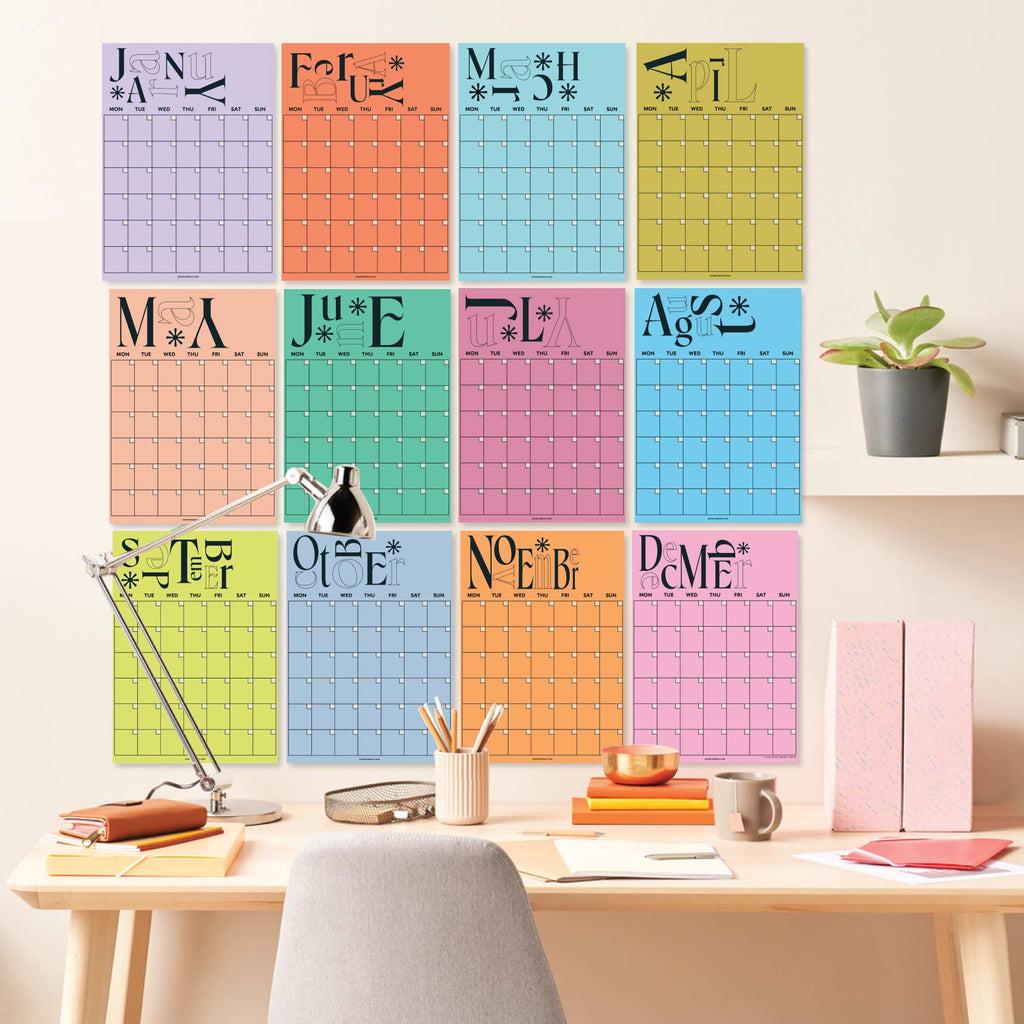 12 page yearly planner. undated. bold colours. playful typeface. A3 planner. made in the UK. 100% recycled paper.