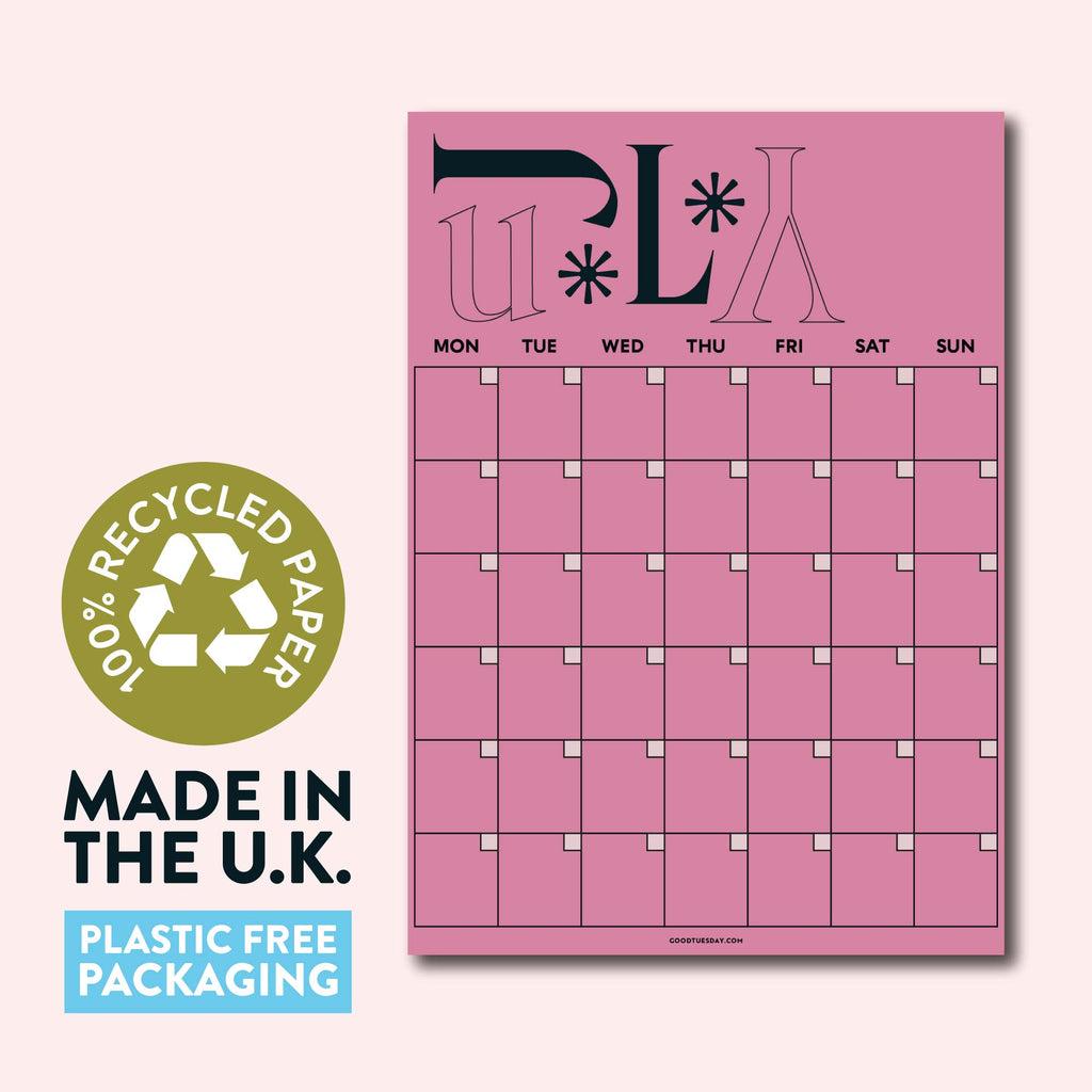 12 page yearly planner. undated. bold colours. playful typeface. A3 planner. made in the UK. 100% recycled paper.