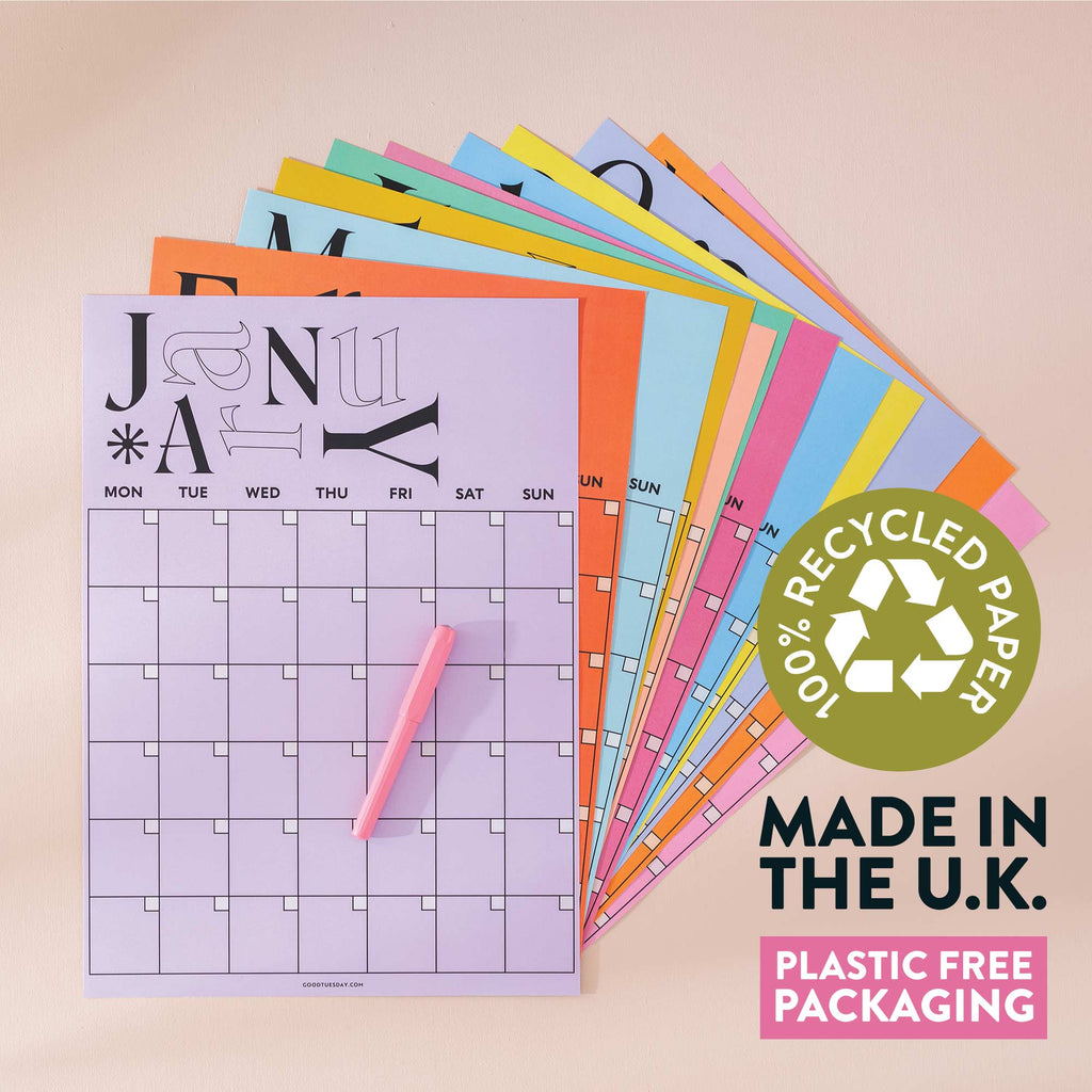 12 page yearly planner. undated. bold colours. playful typeface. A3 planner. made in the UK. 100% recycled paper.