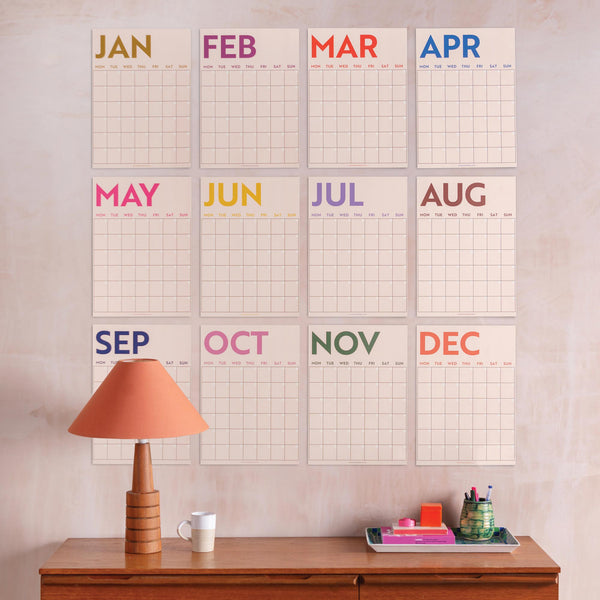 Shine Bright wall planner, 12 A3 pages hung together or separate, printed on 100% recycled paper in the UK