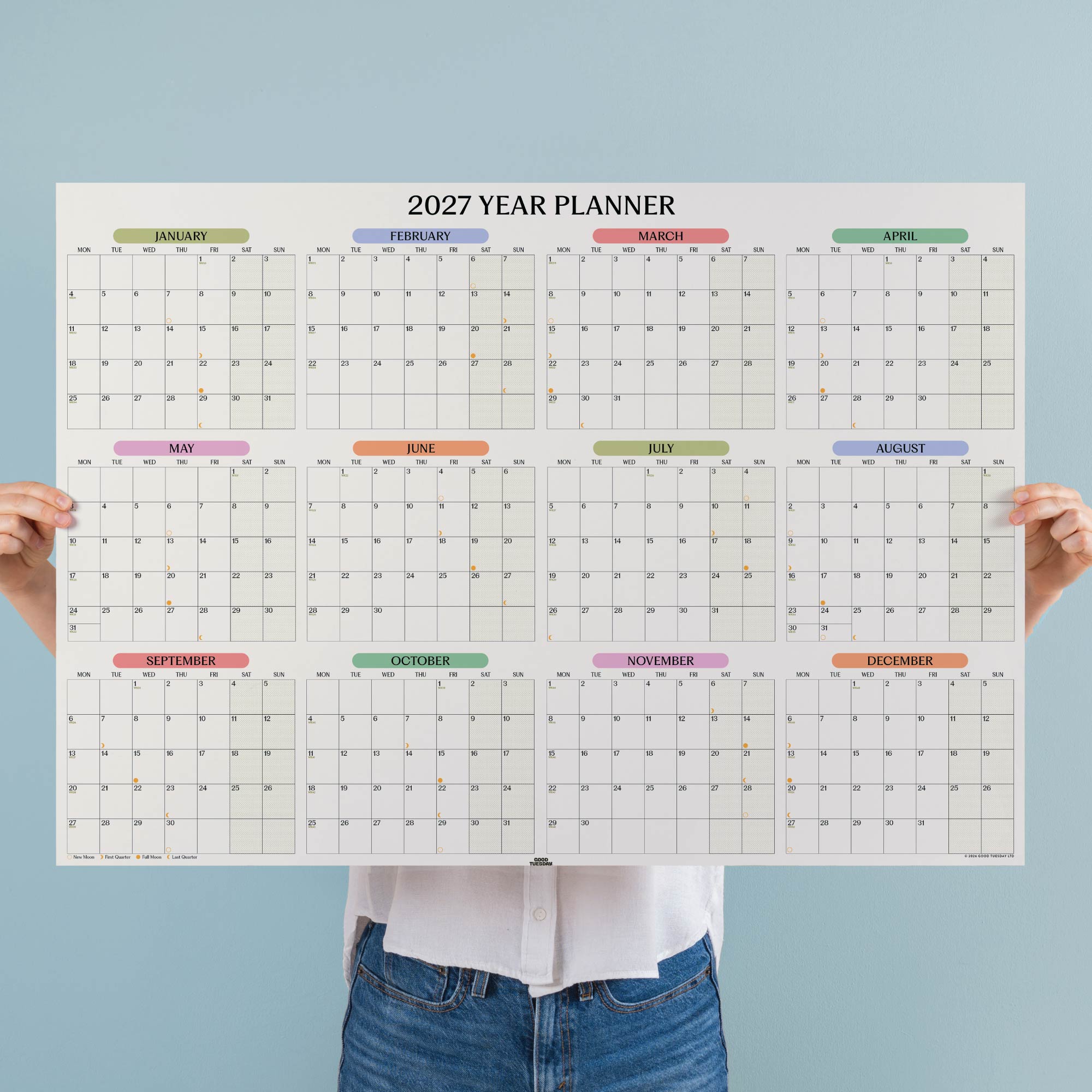 2027 Pastel Monthly Grid A1 wall planner, landscape format by Good Tuesday