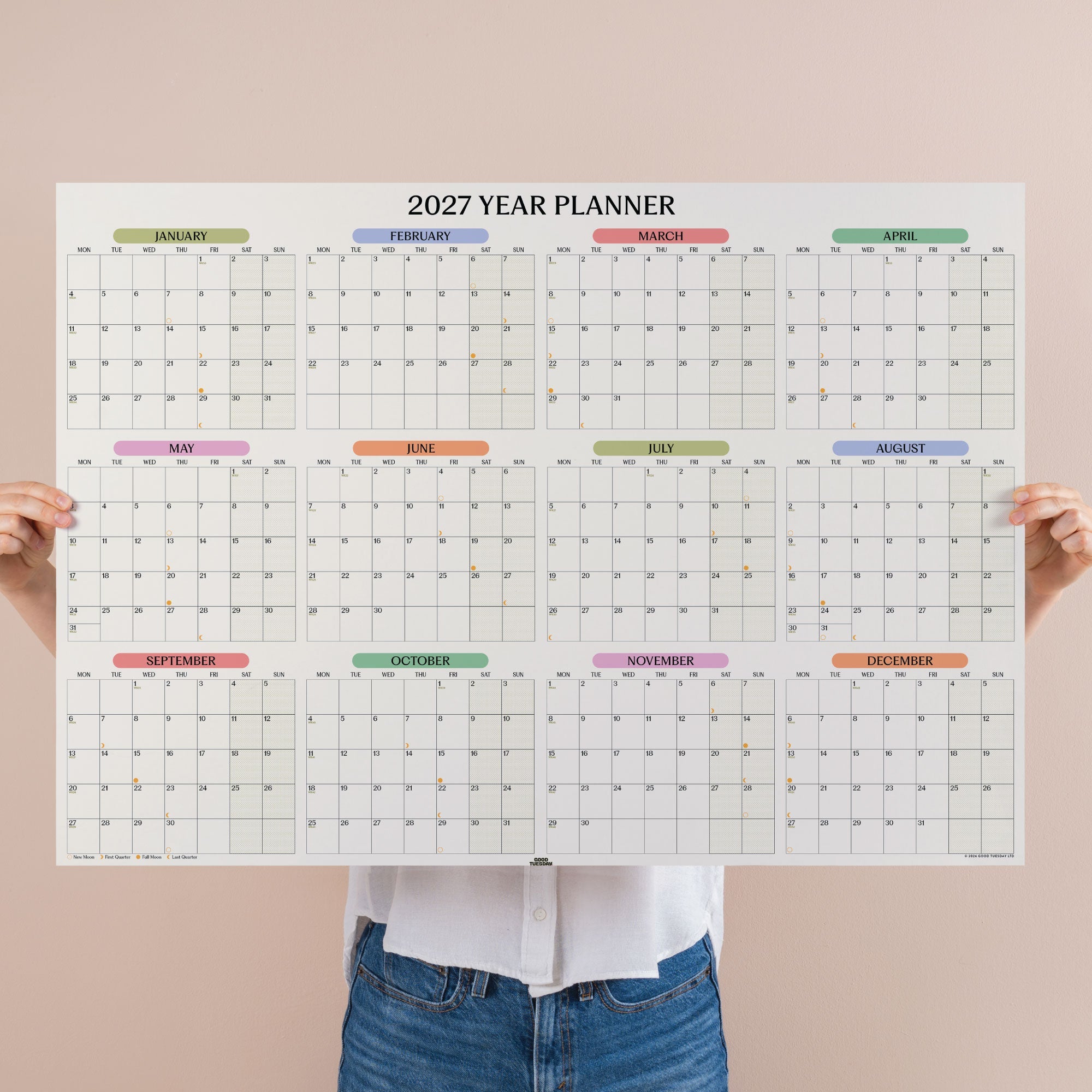 2027 Pastel Monthly Grid A1 wall planner, landscape format by Good Tuesday