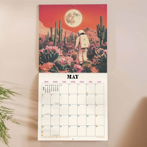 Inside of the Retro Future of Spacescapes 2026 calendar, showing the planner in use. Large monthly grid with week numbers, bank holidays, and lunar phases.