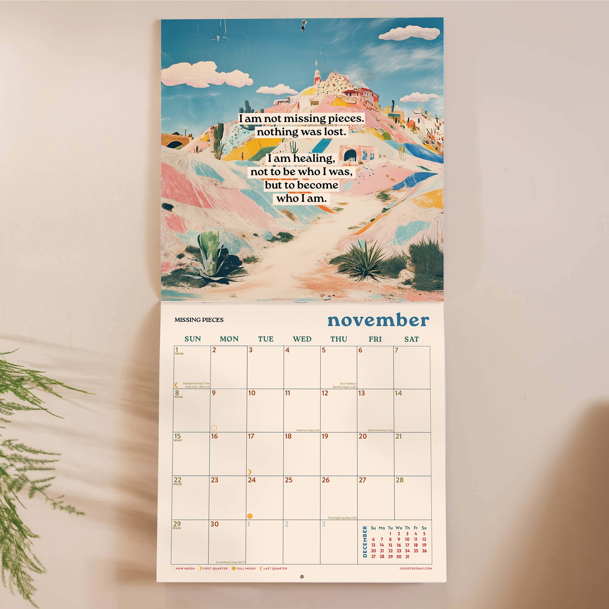 Inside of the Journey of Healing 2026 calendar. Large monthly grid with week numbers, bank holidays, and lunar phases.