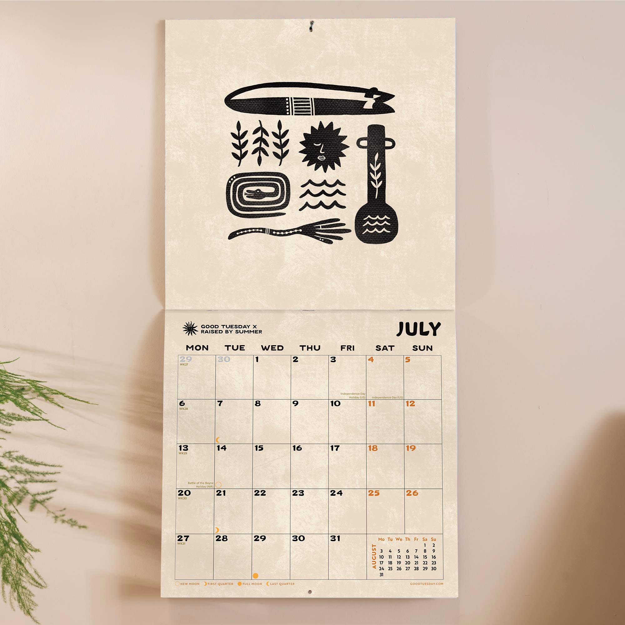 Inside of the Surf Art 2026 calendar. Large monthly grid with week numbers, bank holidays, and lunar phases.