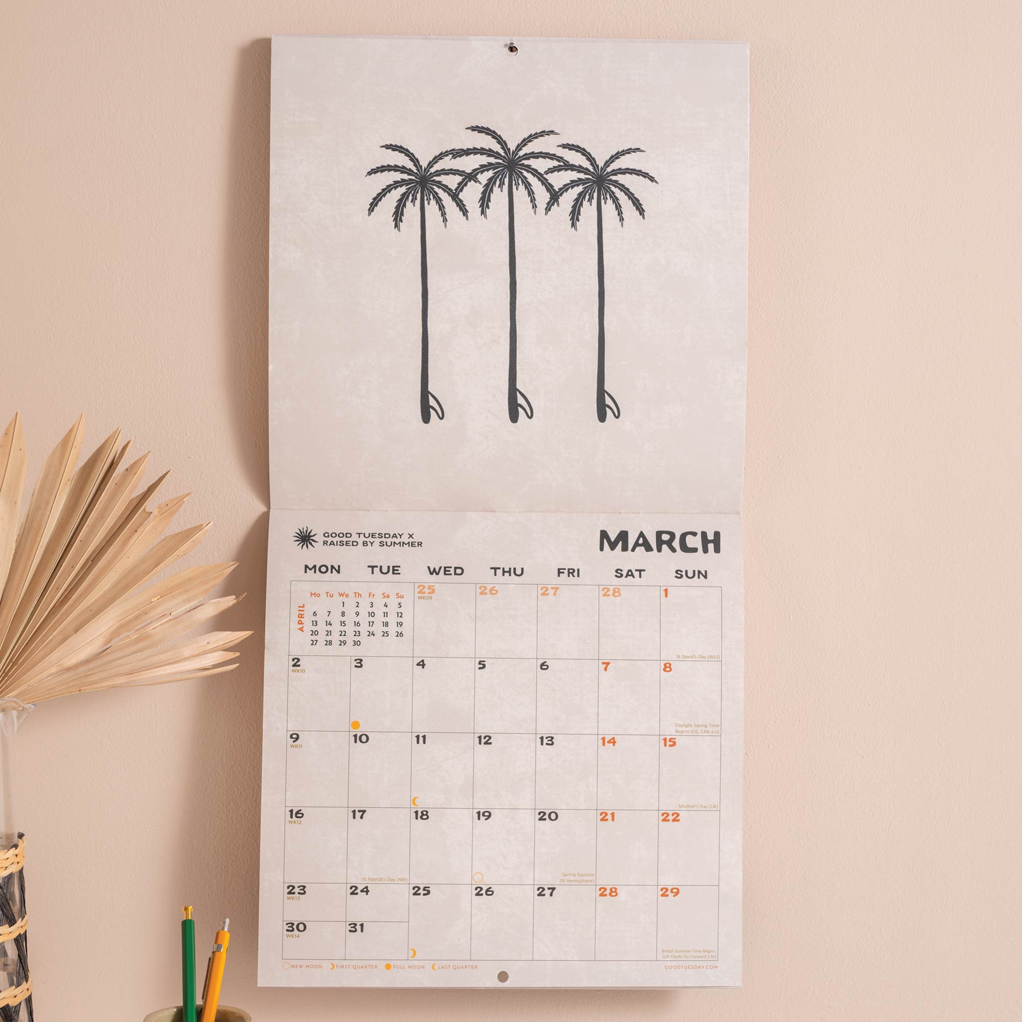 Good Tuesday 2026 calendar, with minimal palm tree, surf illustrations by raised by summer
