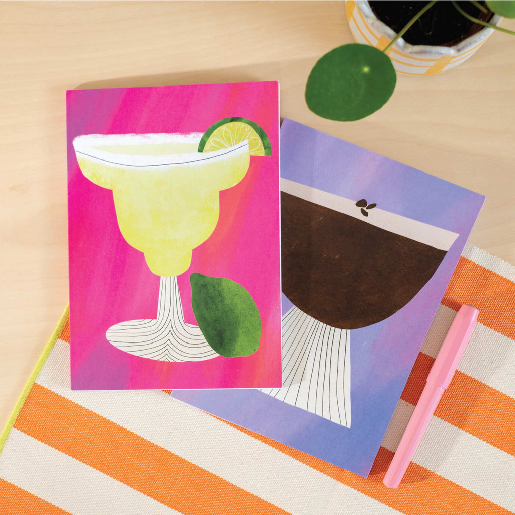 set of 2 a5 lined notebooks. 100% recycled paper notebook. made in the UK. cocktail illustrations. gifts for mixologists