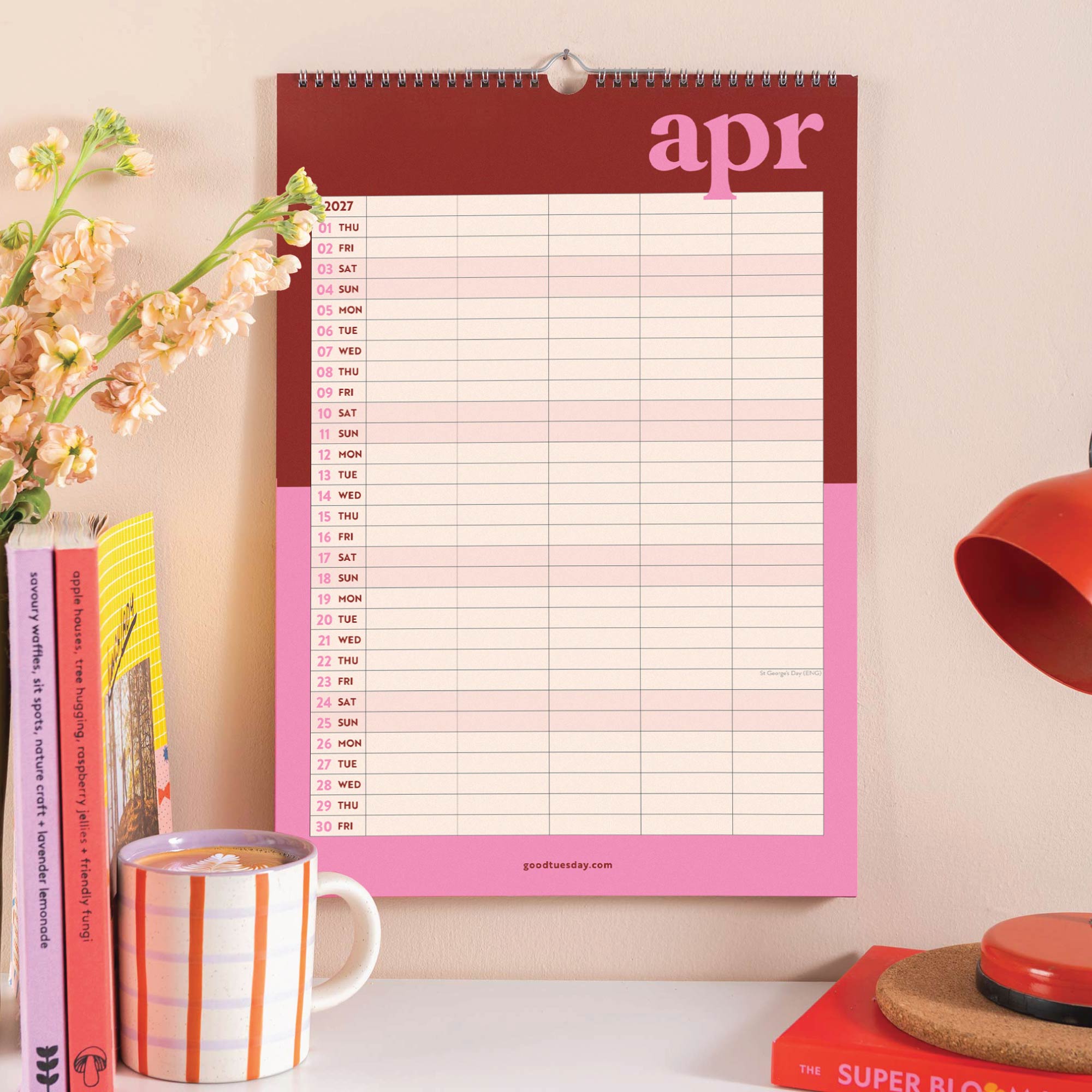 April page of 2026 to 2027 family wall calendar showing five column layout for planning. Pink and Burgundy colours. 