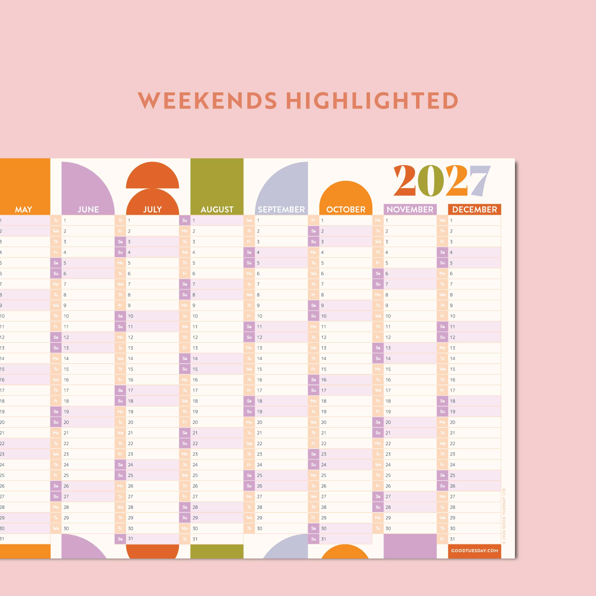 Compact geometric citrus splash wall planner for 2027 with weekends highlighted on a pink background