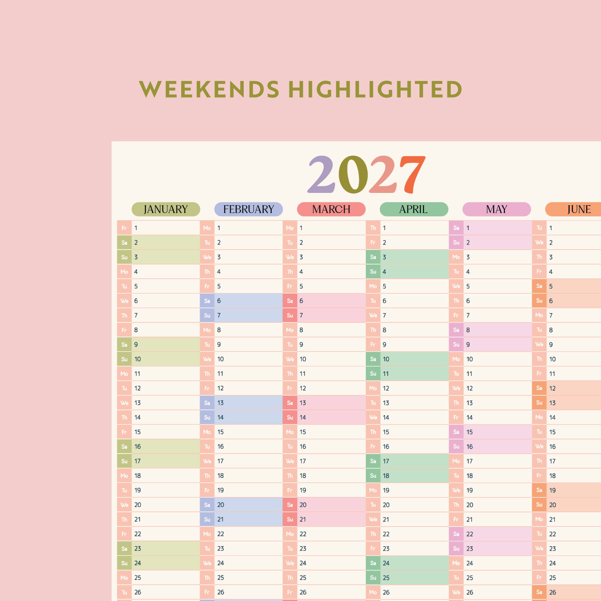 Compact pastel wall planner for 2027 with weekends highlighted on a pink background
