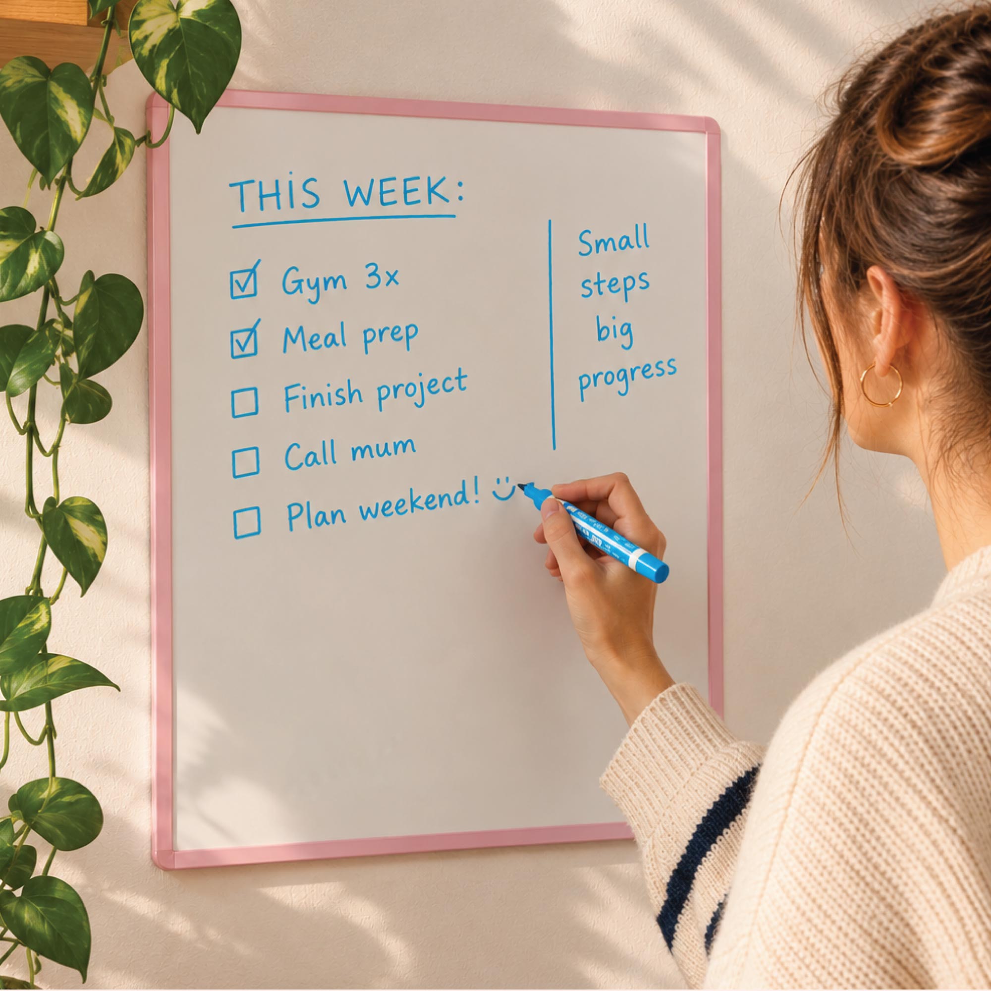 Blue dry wipe pen in use on a whiteboard. 