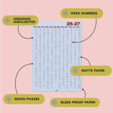 Glacier Blue academic year wall planner displayed with key features highlighted: week numbers, weekends highlighted, matte paper, moon phase, bleed proof paper