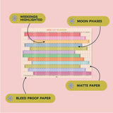 Rainbow academic year wall planner displayed with key features highlighted: weekends highlighted, matte paper, moon phase, bleed proof paper