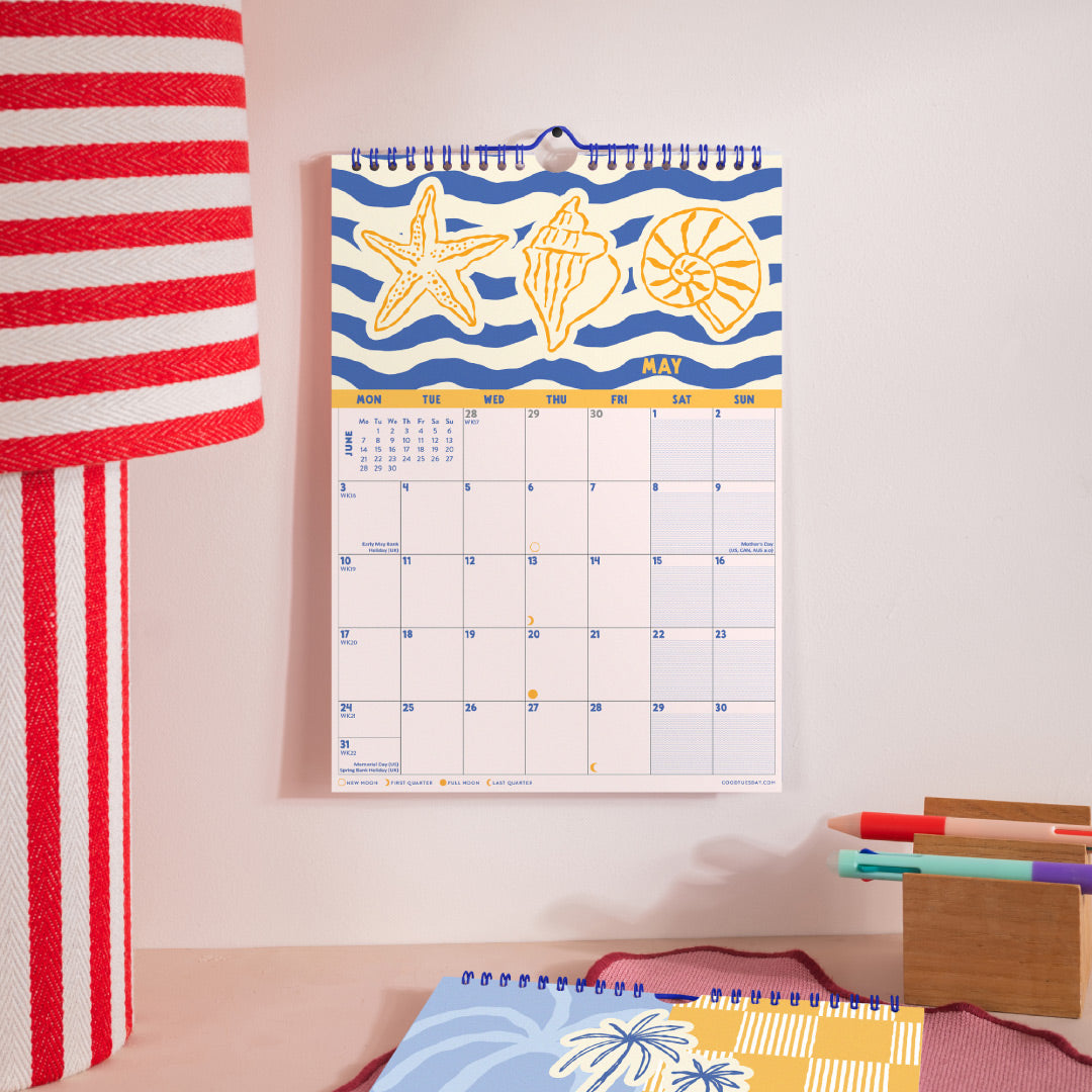 2027 Amalfi Sunshine A4 Calendar, moon phases and week numbers, blue wireo binding