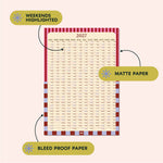 2027 Checks & Stripes Wall Planner, week numbers and moon phases included
