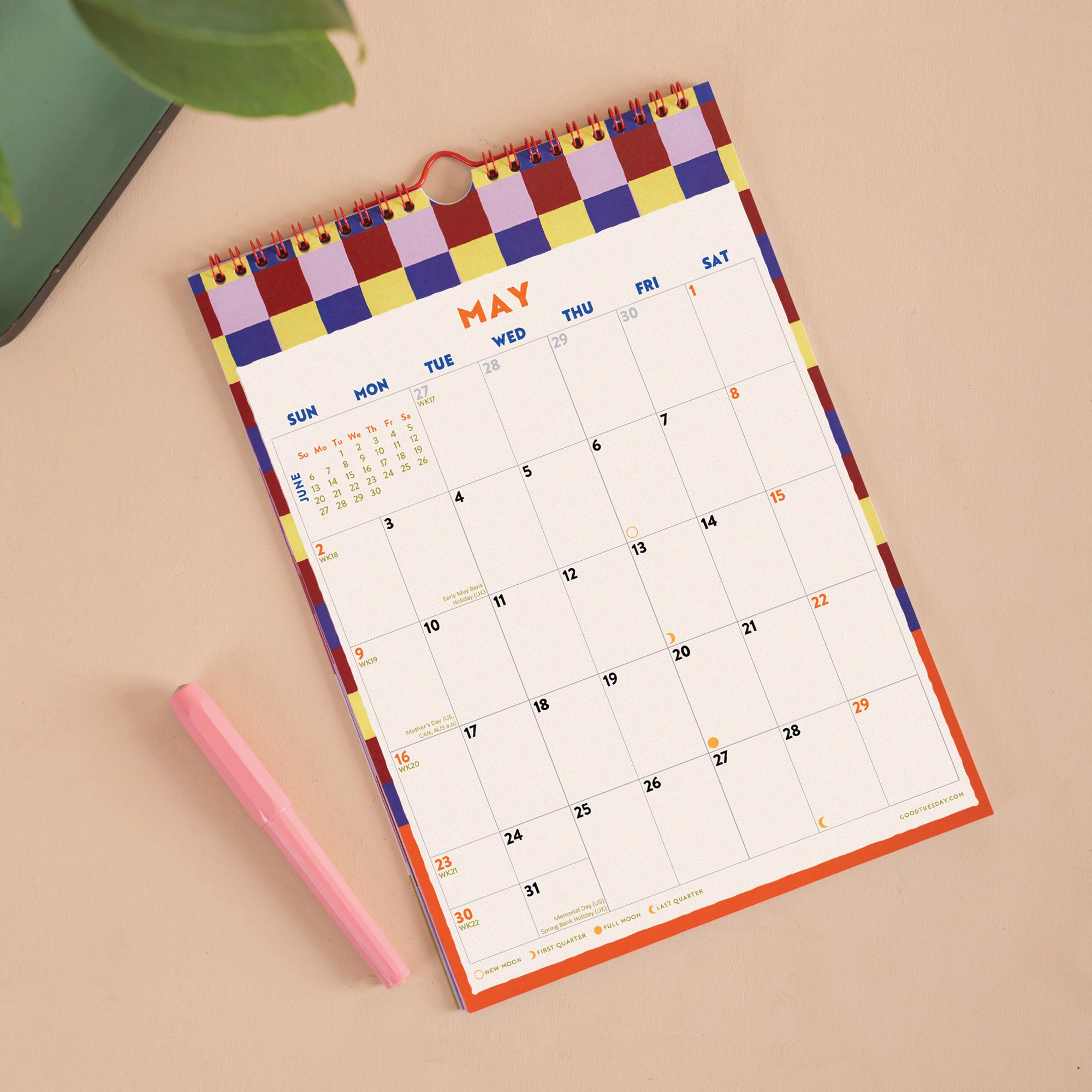 2027 Checks & Stripes A4 Calendar, moon phases and week numbers included