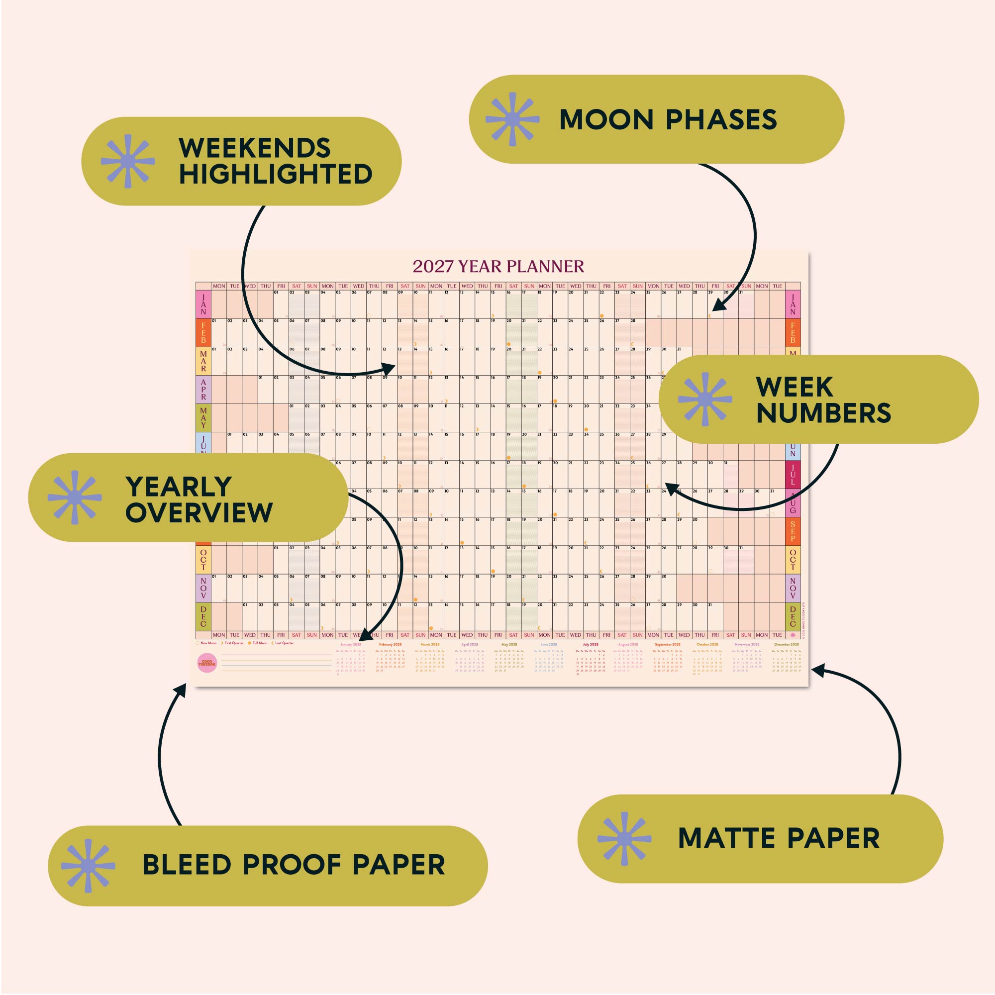 2027 Colour Theory Wall Planner, week numbers and moon phases included