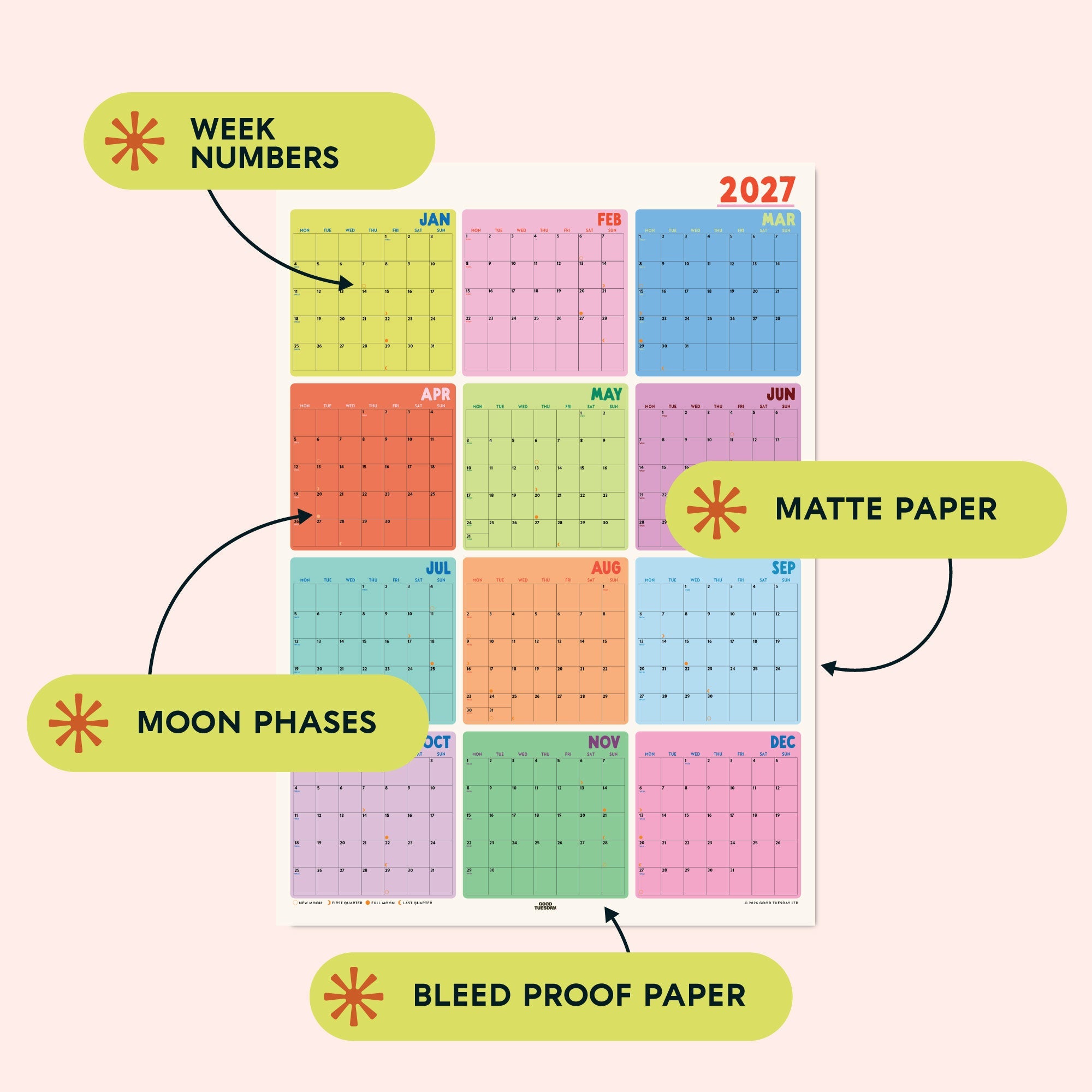 2027 Colourburst Wall Planner, week numbers and moon phases included