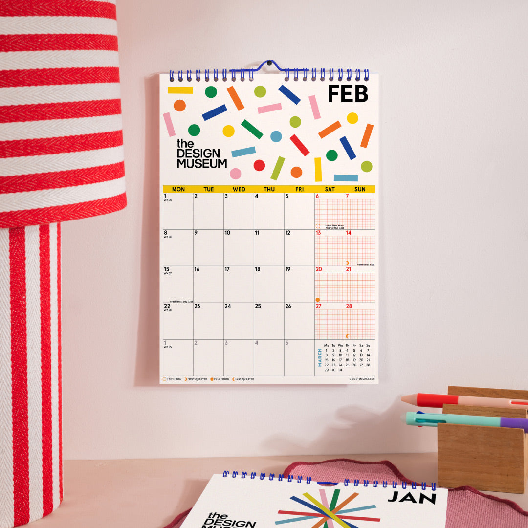 2027 Design Museum Calendar, Dots & Grids, month to view February with moon phases and mini months