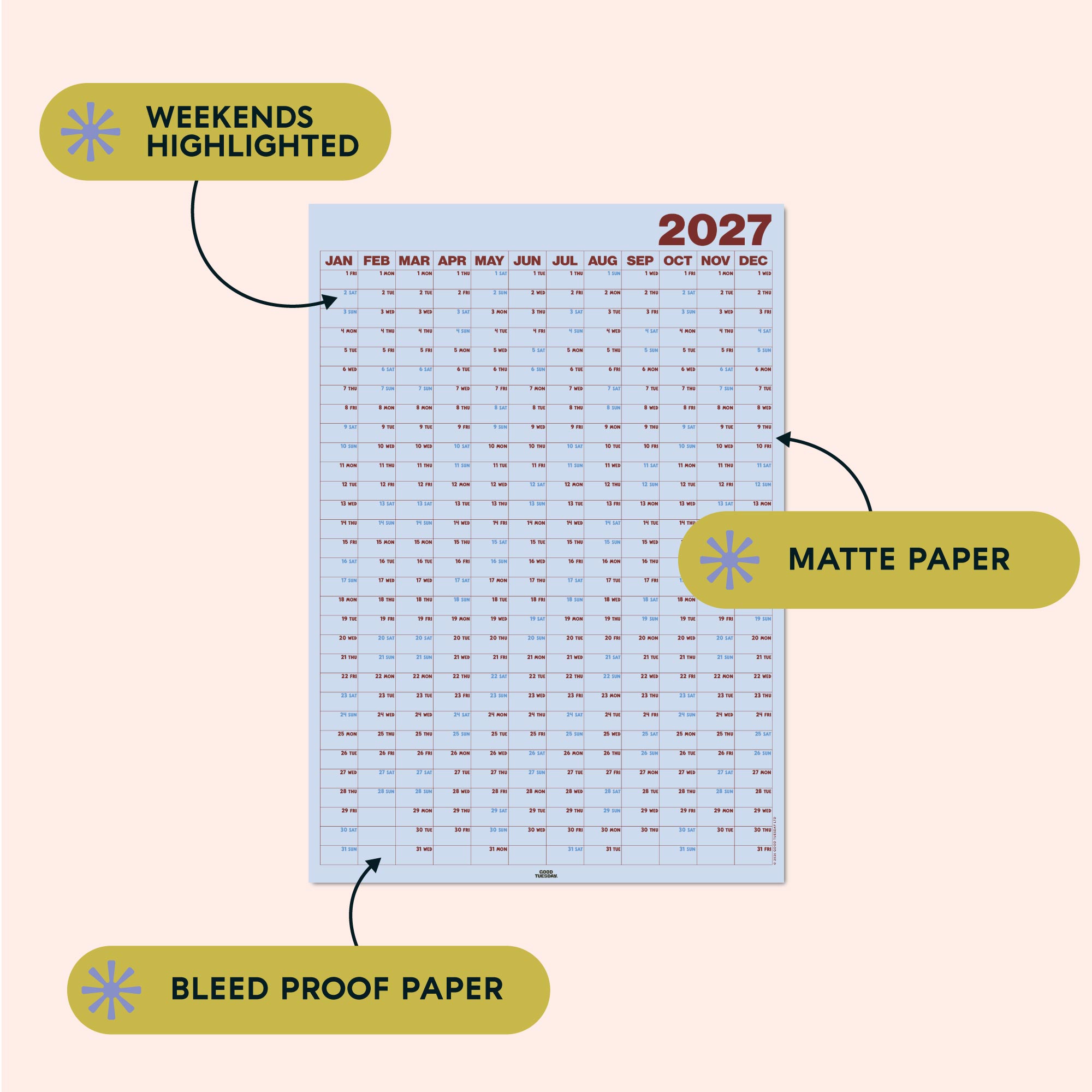Calendar for 2027 with text highlighting weekends, matte paper, and bleed proof paper on a beige background.