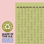 2027 Matcha Wall Planner on recycled paper with 'Made in the U.K.' and 'Plastic Free Packaging' text.