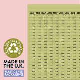 2027 Matcha Wall Planner on recycled paper with 'Made in the U.K.' and 'Plastic Free Packaging' text.