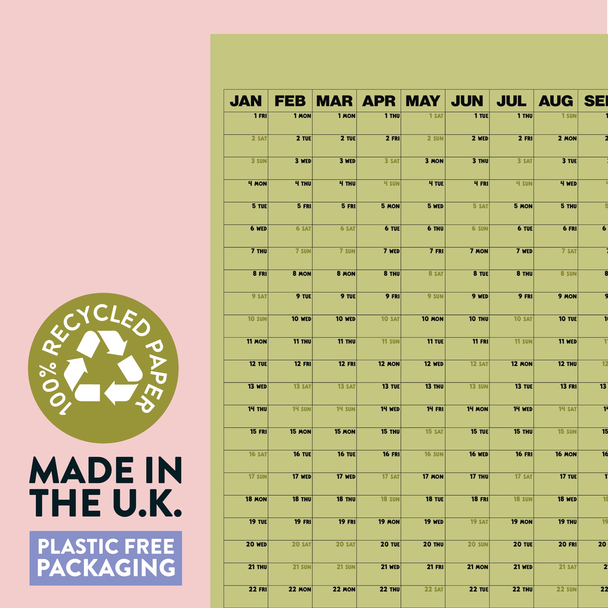 2027 Matcha Wall Planner on recycled paper with 'Made in the U.K.' and 'Plastic Free Packaging' text.